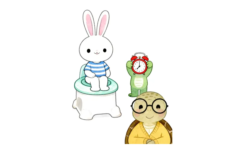 A cartoon bunny sitting on a small potty, looking calm and curious.