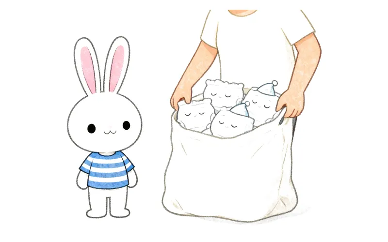 A cartoon bunny sits on a small potty next to a stack of books in a cozy bathroom.