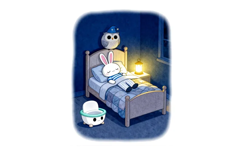 A cartoon bunny sleeping in a bed with a waterproof mattress protector and a night light glowing nearby.