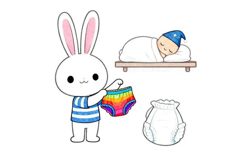 Un conejito de dibujos animados sentado en un orinal pequeño junto a una cama con un protector impermeable, con aspecto tranquilo.
