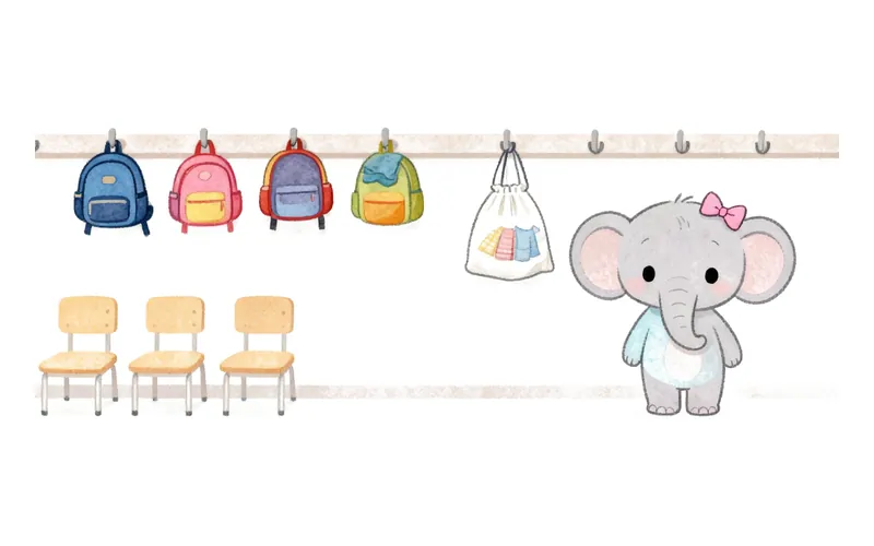 A cartoon bunny sitting on a small potty next to a daycare backpack and a folded note.