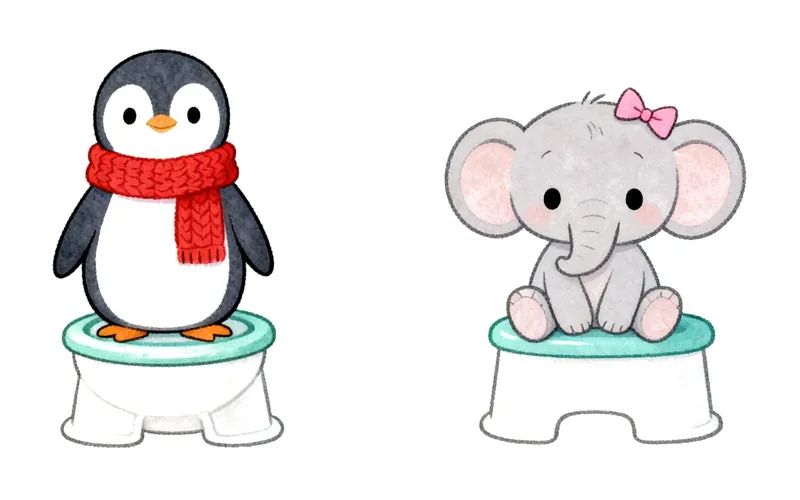 A cartoon bunny sits on a potty with a high front guard, a step stool nearby, and a piece of toilet paper floating in the toilet.