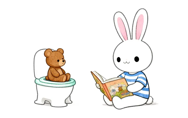 A cartoon bunny sits on a small potty, looking curious, with a book nearby.