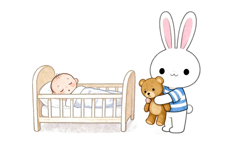 Un conejito de dibujos animados sentado en un orinal pequeño, con aspecto tranquilo y algunos juguetes coloridos cerca.