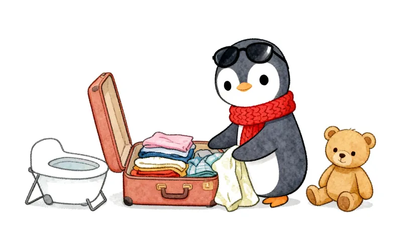 A cartoon bunny with a small travel potty and a packed bag by a car, ready for an outing.