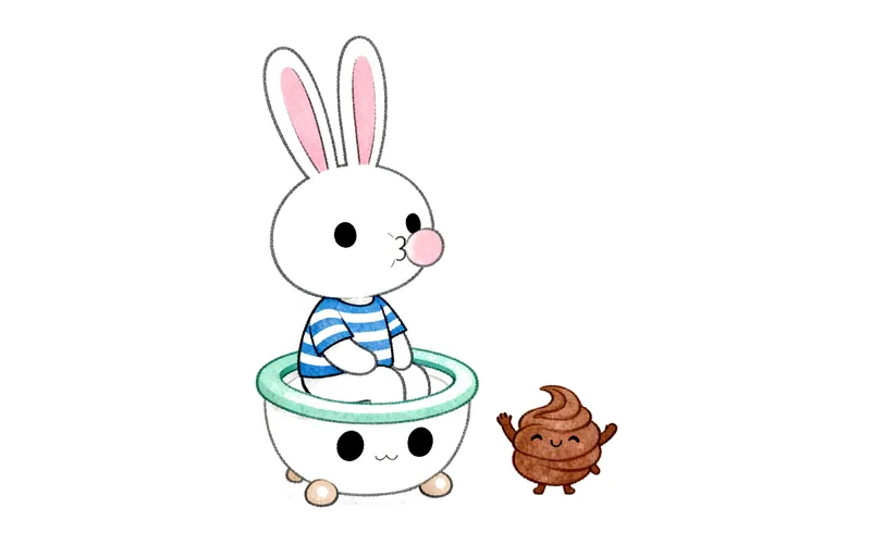 A cartoon bunny sitting on a small potty with feet on a step stool, holding a book.