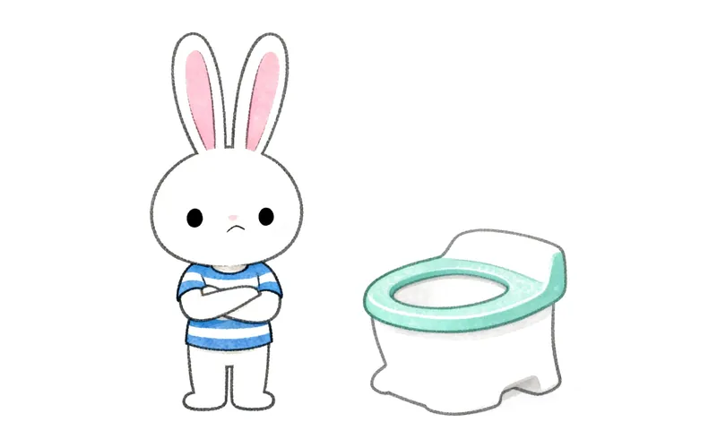 A cartoon bunny sits on a potty, looking calm, with a stuffed bear nearby.