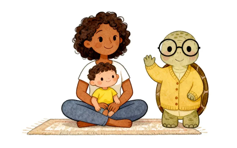 Un conejito de dibujos animados sentado en un orinal pequeño, con aspecto tranquilo y curioso, y un libro cerca.