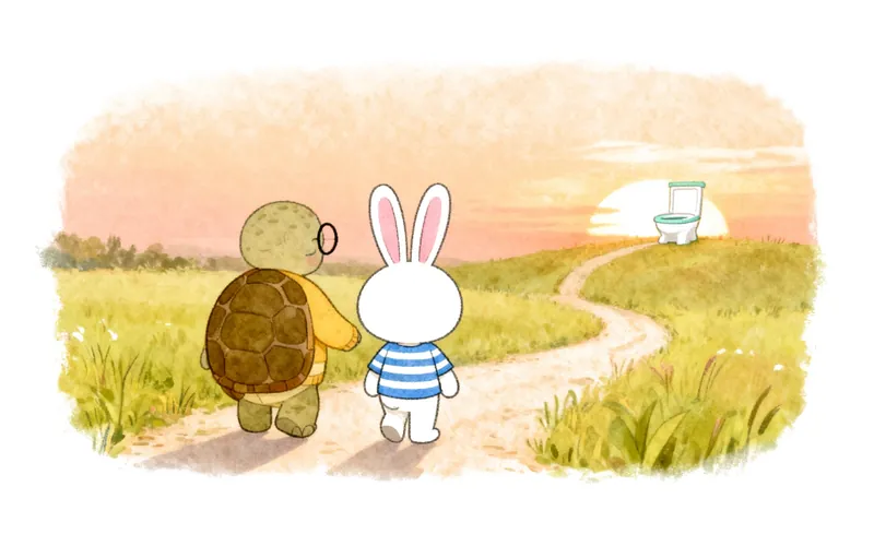 A cartoon bunny sitting beside a small potty, looking calm and curious.